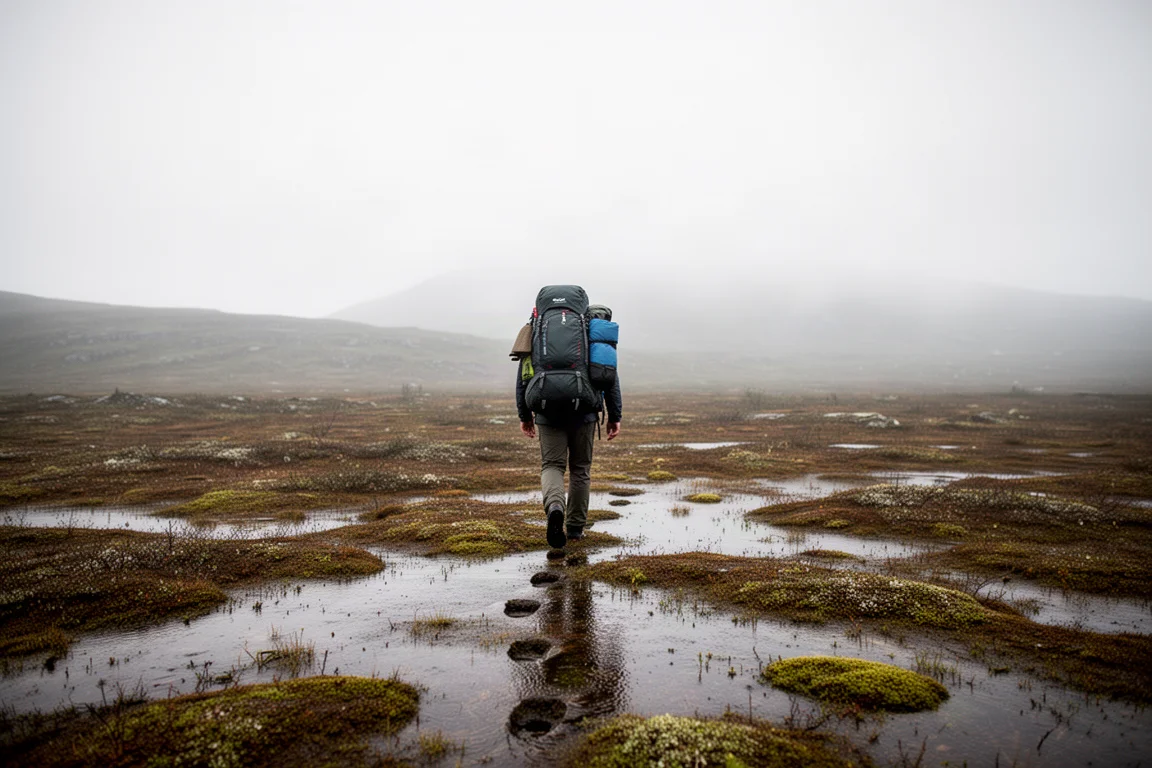Wanderer mit großem Rucksack überquert nasse Tundra unter bedecktem Himmel