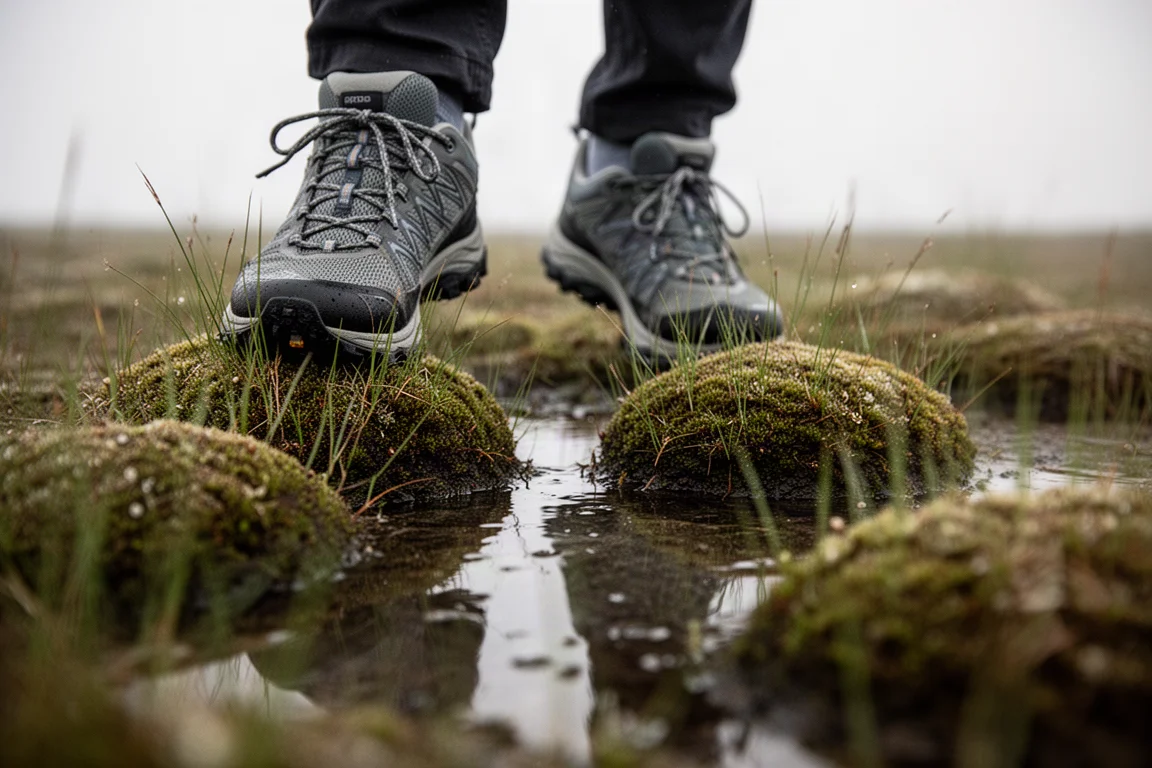 Trailschuhe laufen über knollige Tundra-Grasbüschel mit Wasser zwischen ihnen
