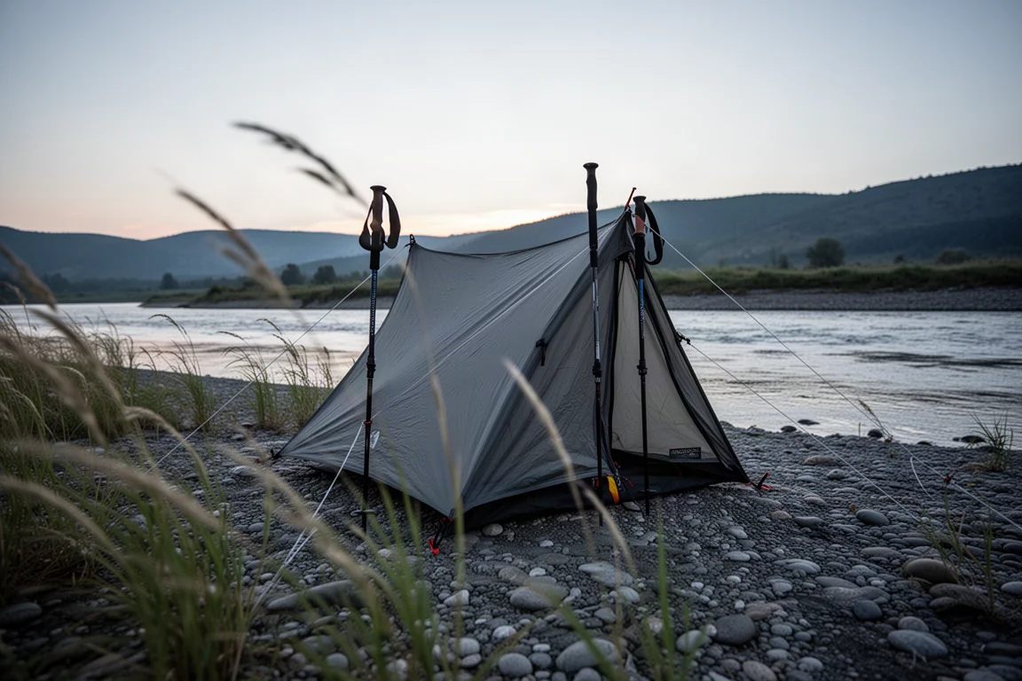 Trekkingstock-Unterkunft auf einer Kiesbank am Fluss in der Abenddämmerung mit windgebeugtem Gras