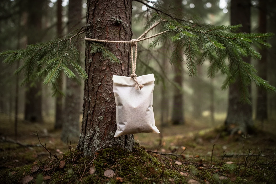 Weicher Lebensmittelbeutel hängt an einem Seil, das in einem borealen Wald an einen Baumstamm gebunden ist