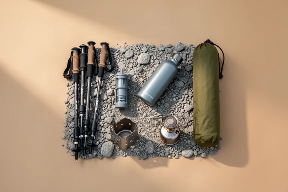 Flat-lay of backpacking gear including trekking poles, water filter, bottle, and stove on gravel
