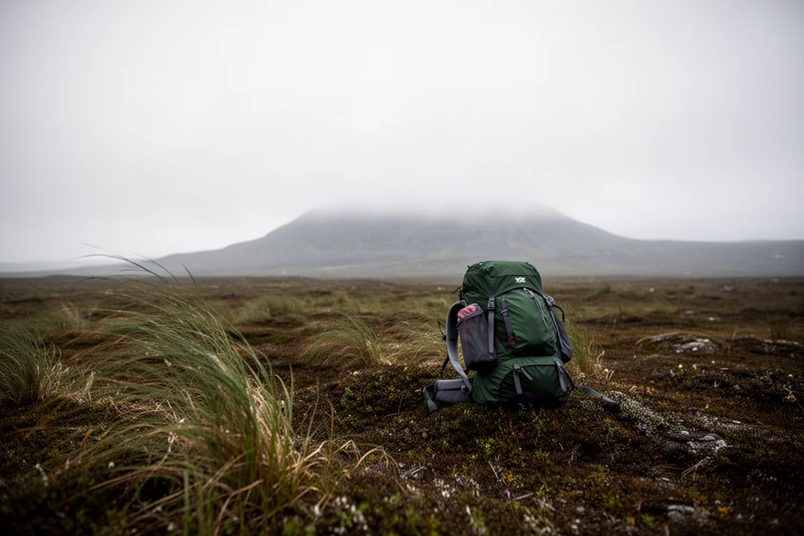 Loaded backpack on tussock tundra under an overcast Alaskan sky
