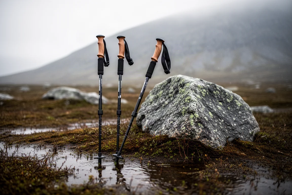 Two trekking poles planted in mossy tundra beside a granite boulder