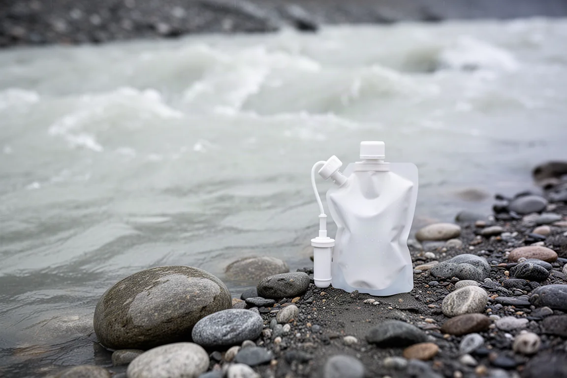 Water filter and squeeze pouch on a gravel bank beside a silty river