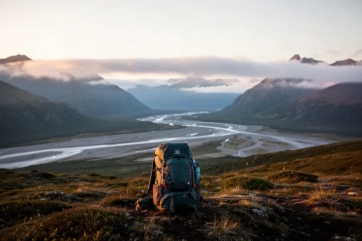 Loaded backpack on a windswept ridge at first light above a wide valley