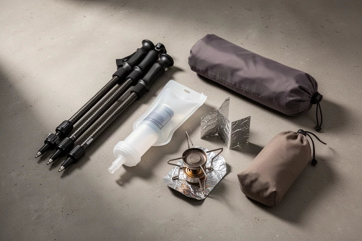 Backpacking gear flat-lay: folded trekking poles, water filter, stove, and food bag on concrete