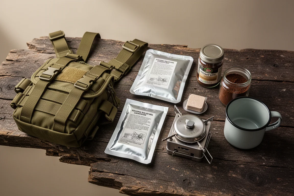 Flat-lay of a chest harness, foil meal pouch, folding camp stove and instant coffee jar on dark wood