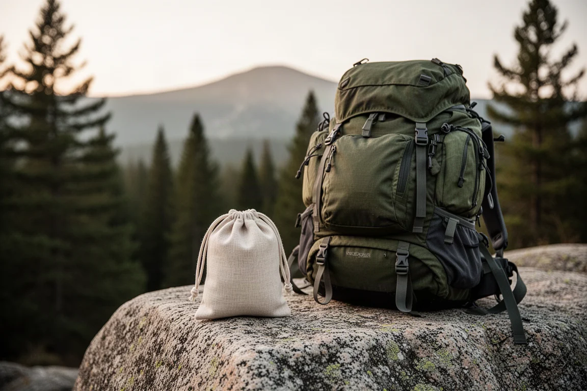 Pequeña bolsa de tela apoyada sobre una roca de granito junto a una mochila de senderismo cargada