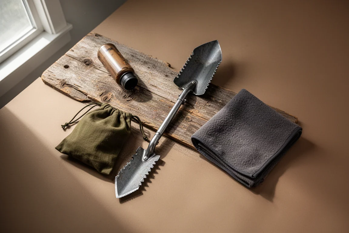 Backcountry toilet kit items including a long trowel and fabric stuff bag on wood
