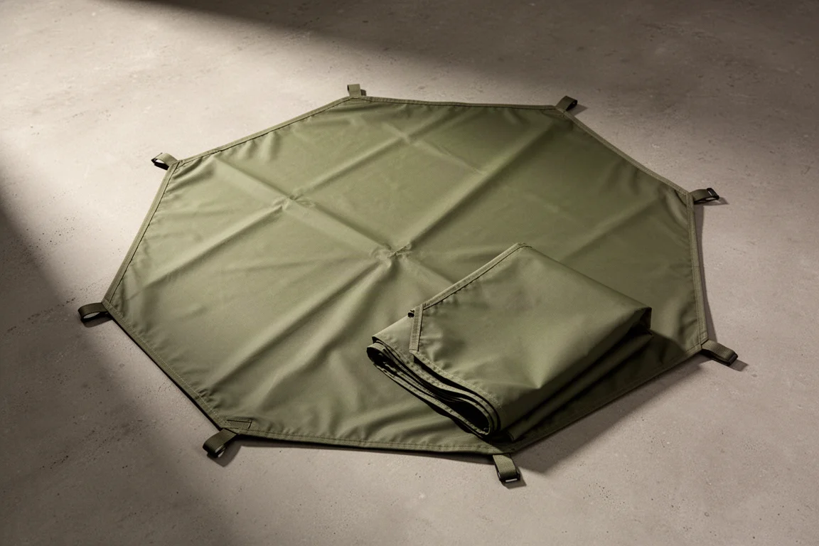 Octagonal olive-green camping groundsheet laid flat on a matte concrete surface