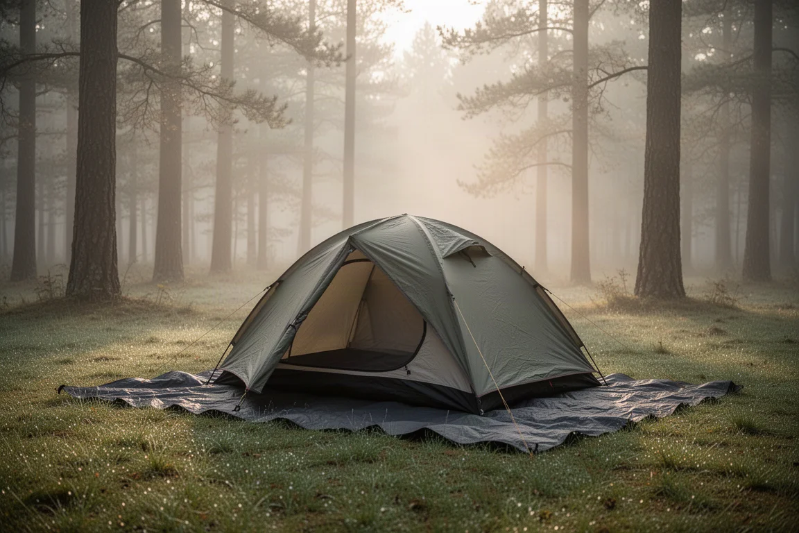 Kampeertent opgezet op een open plek in het bos met een footprintdoek eronder