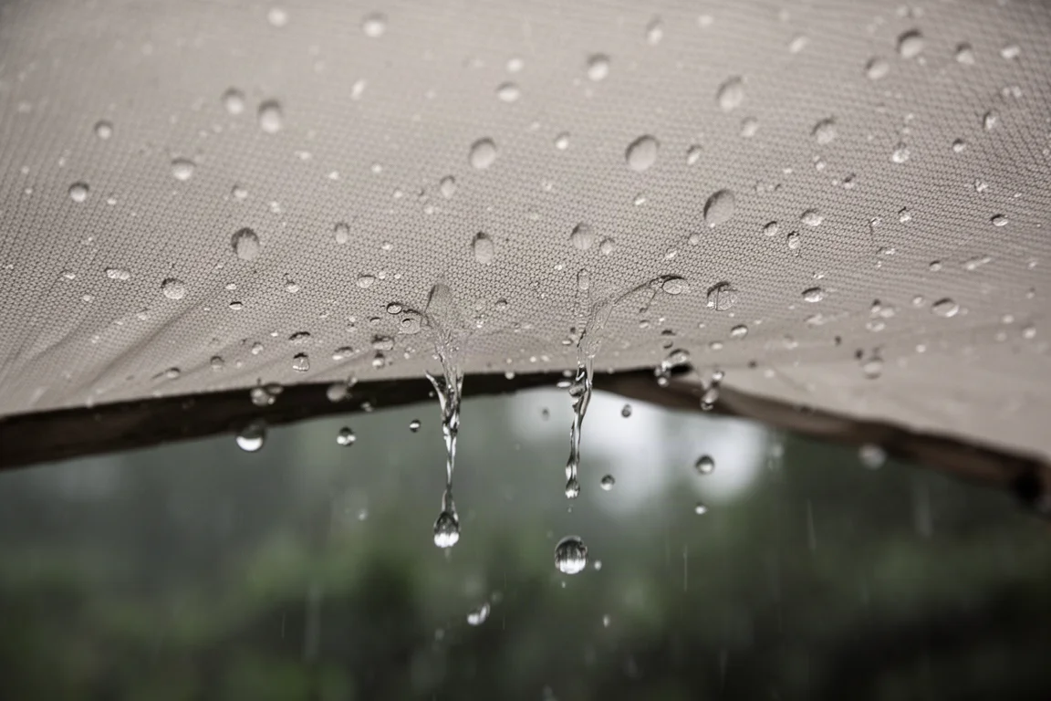 Regendruppels parelen op strak gespannen gecoat doek bij bewolkt licht