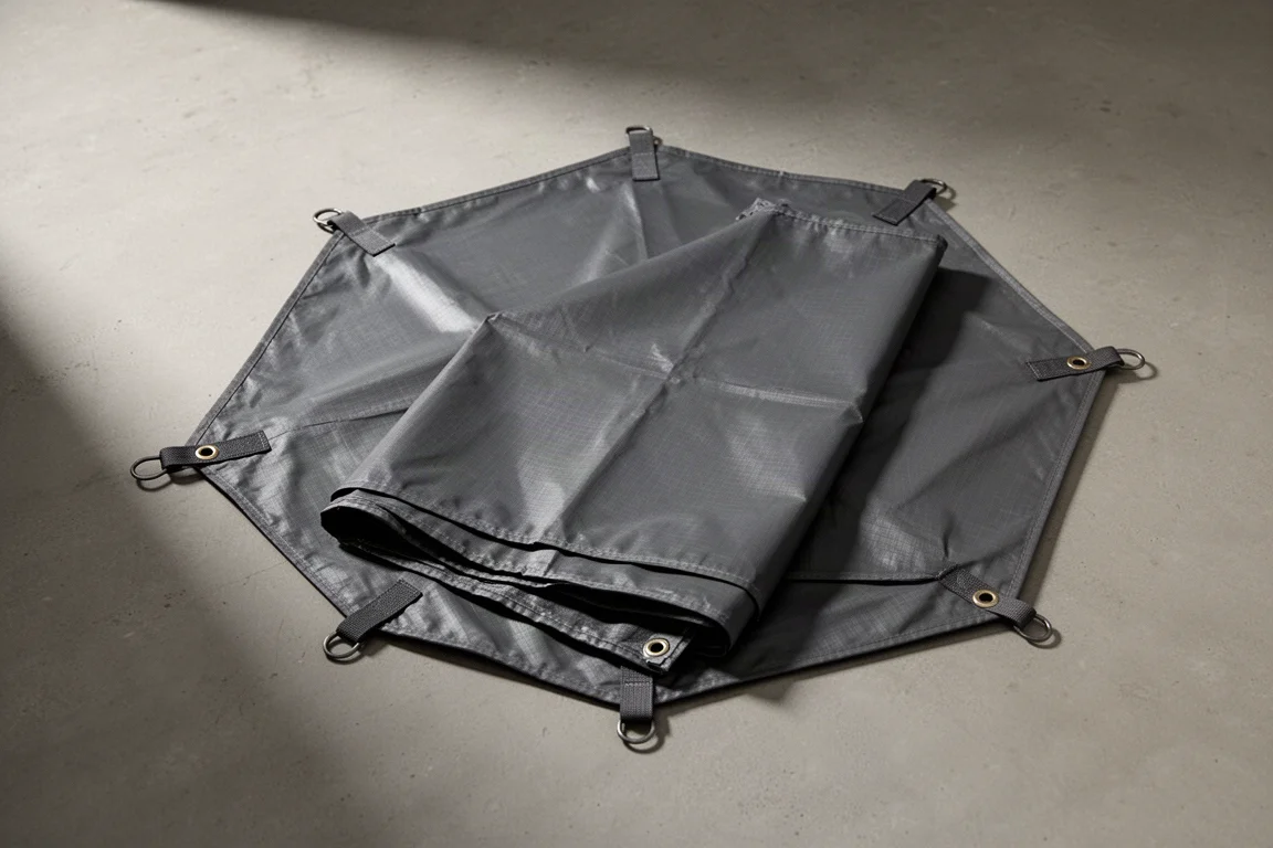 Octagonal dark grey coated camping tarp laid flat on a concrete surface