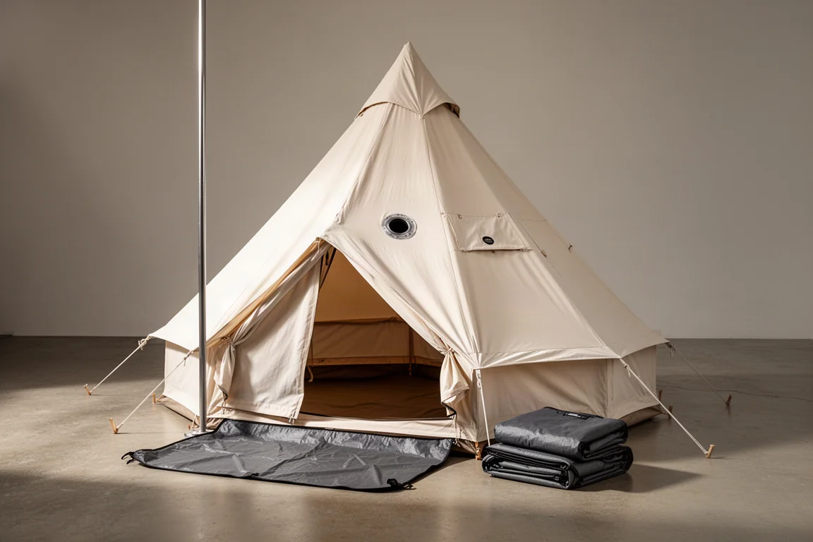 Pale off-white tipi hot tent with folded floor sheet beside it on a concrete surface