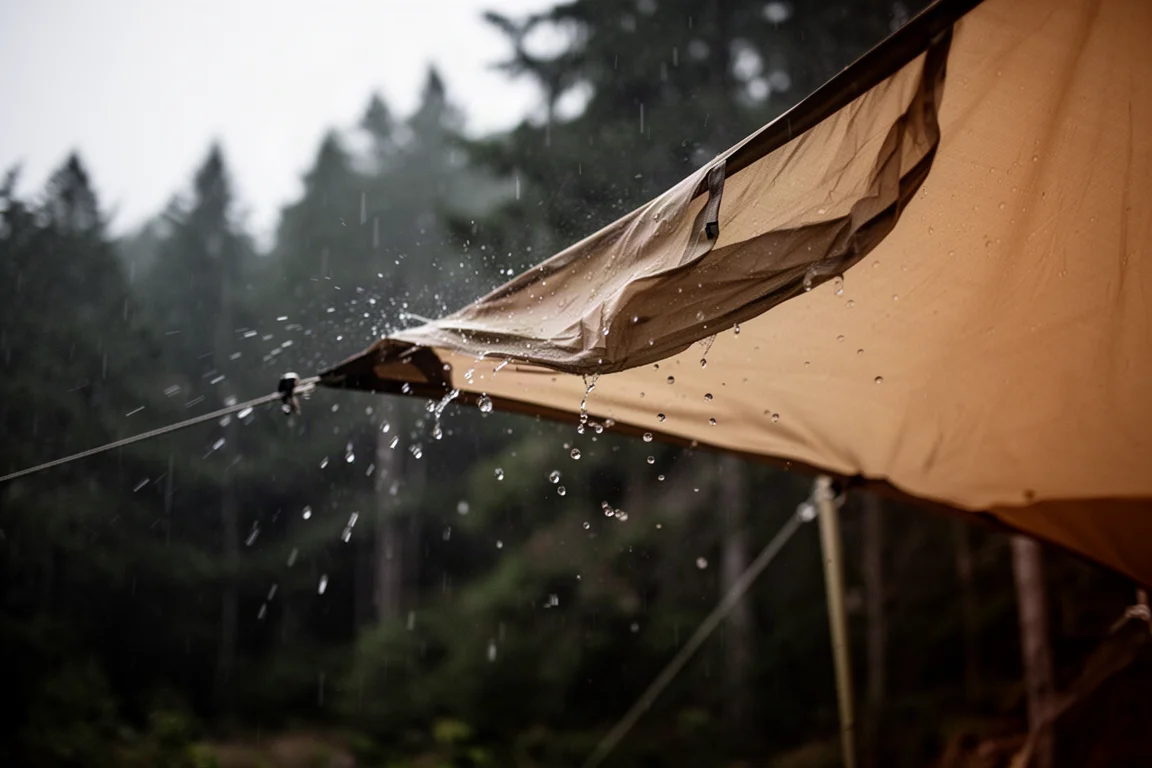 Wind tilt de rand van een open kampeertarp op met regen die zijwaarts striemt