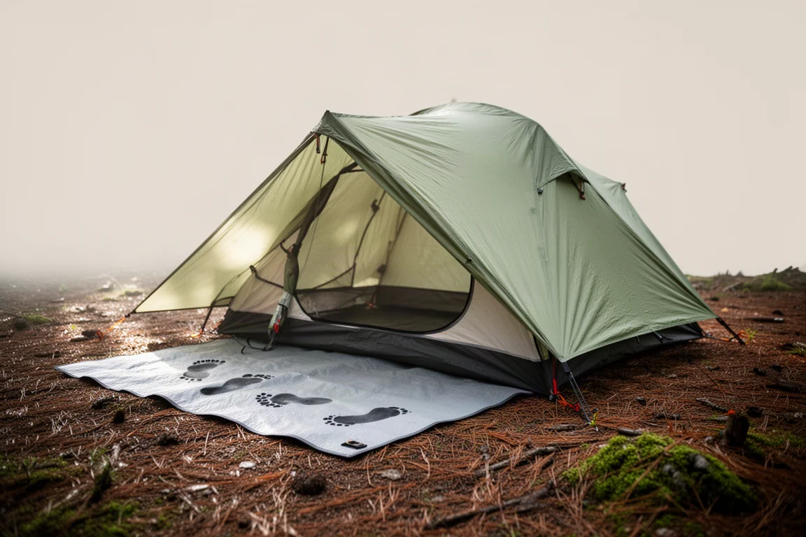 Grondzeil-footprint onder een lage backpacktent op een bosbodem