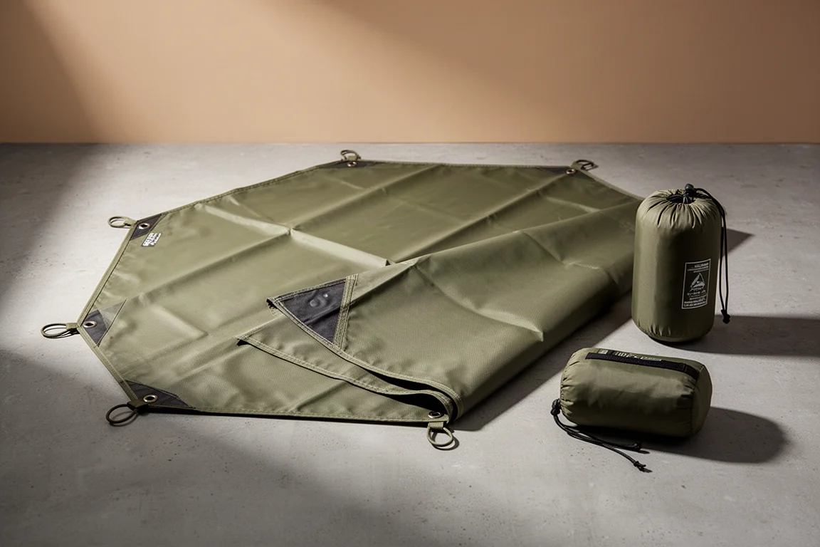 Octagonal olive camping groundsheet partially unfolded on concrete beside a stuff sack