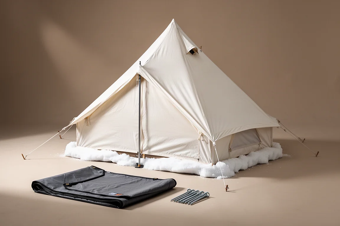 White four-season hot tent pitched beside a folded charcoal groundsheet and stakes