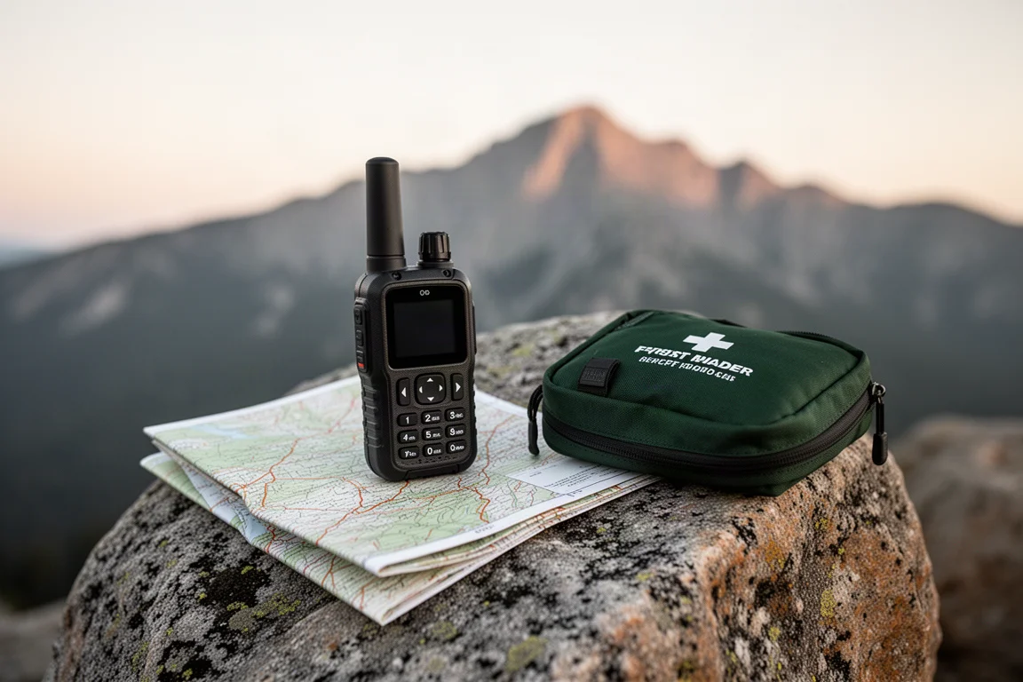Rugged satellite communicator with map and first aid pouch on a granite boulder