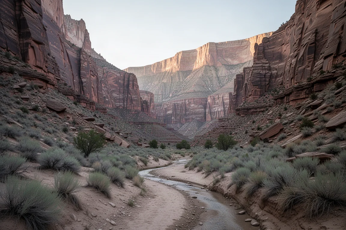 Canyon isolé aux parois abruptes éclairé par la lumière du matin sur la crête supérieure