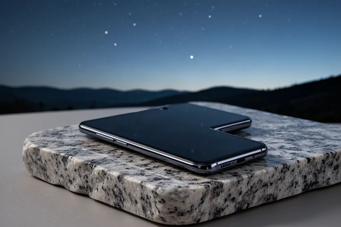 Smartphone posé sur une dalle de granit face à un ciel crépusculaire au-dessus d'une crête lointaine