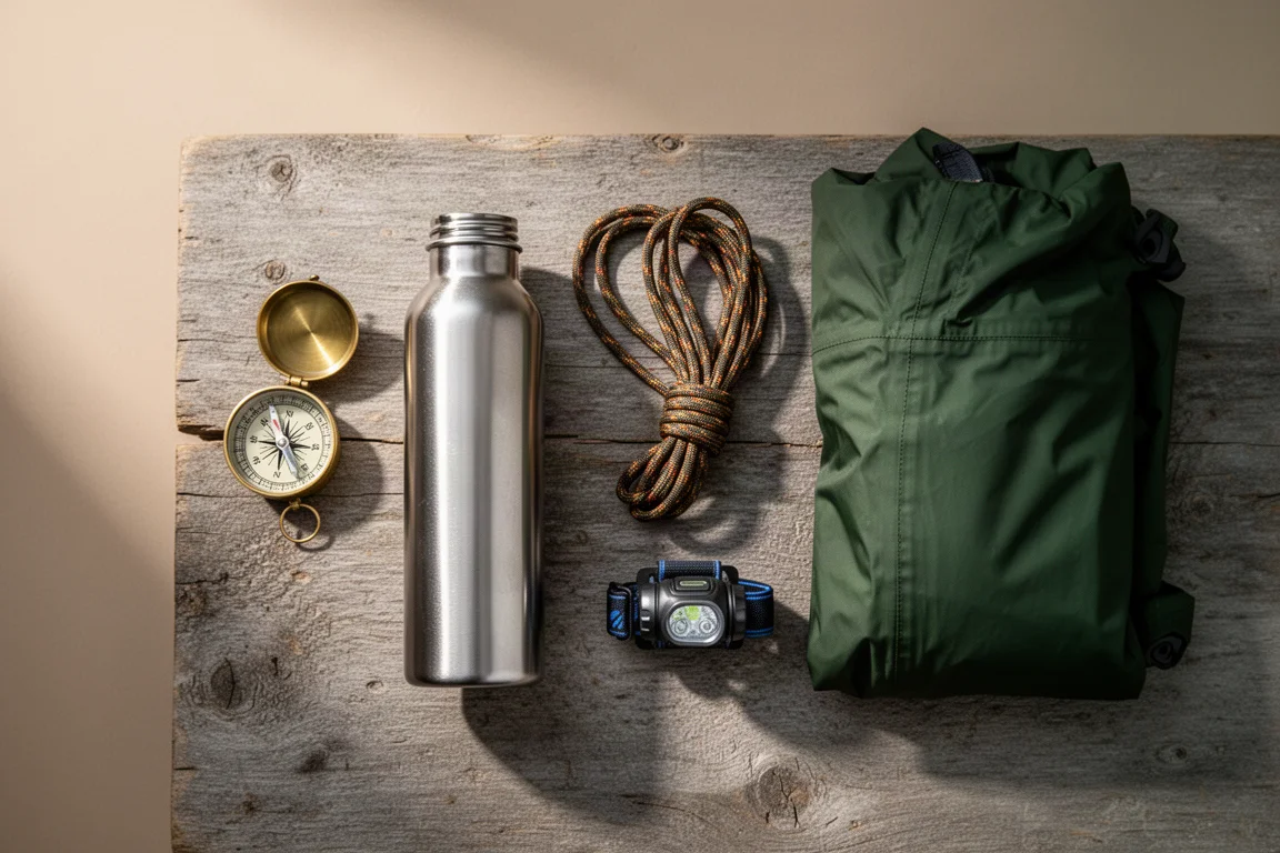 Vue à plat de boussole, bouteille d'eau, lampe frontale et veste imperméable sur du bois