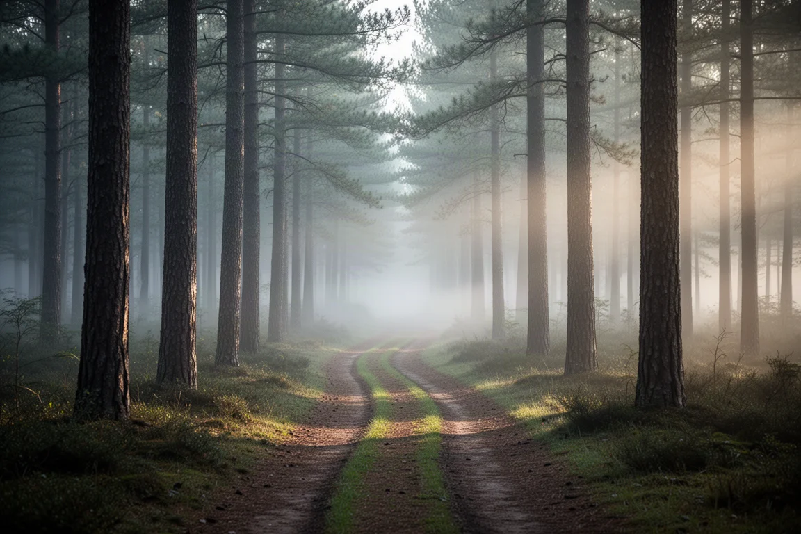 Départ de sentier forestier à l'aube avec un chemin de terre serpentant dans la brume entre les pins
