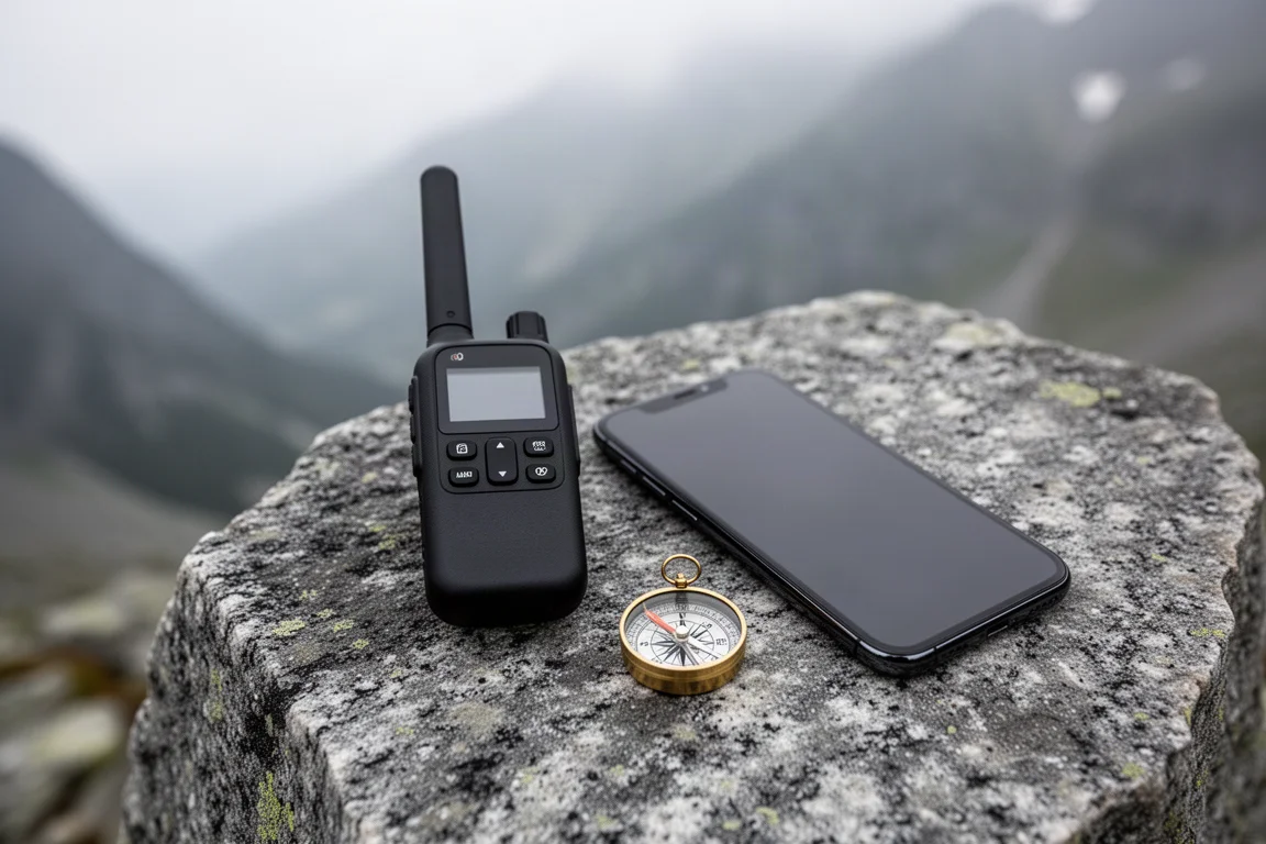 Satellite communicator, smartphone and brass compass arranged on a granite slab in an alpine setting