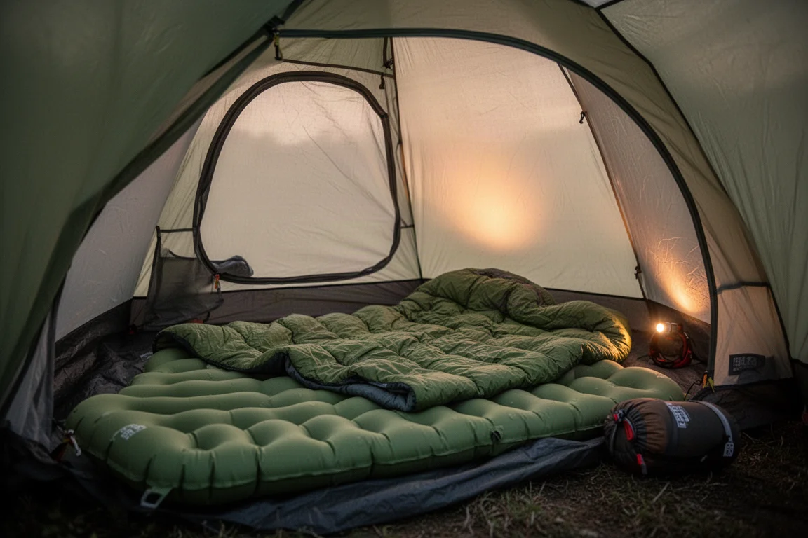 Intérieur d'une tente de bivouac au crépuscule avec un matelas de couchage large et un quilt déployés