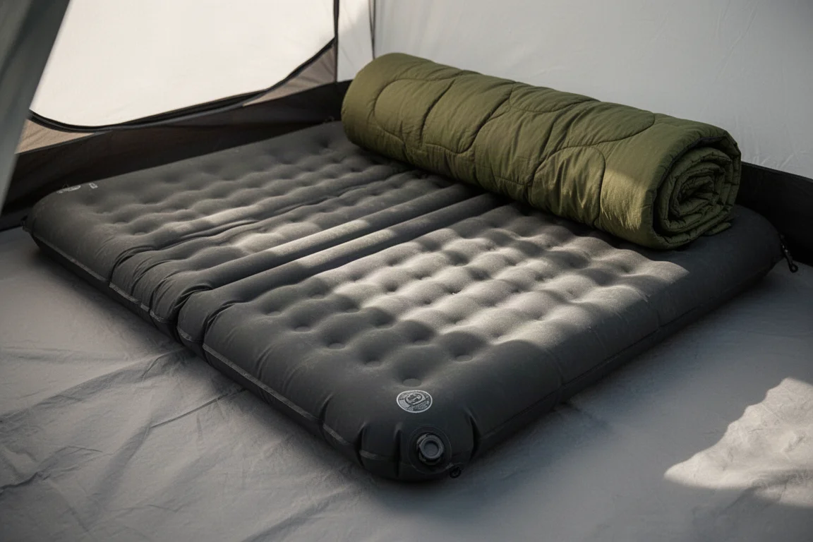 Détail vu de dessus d'un matelas de couchage gonflable large sur un sol de tente avec un quilt roulé