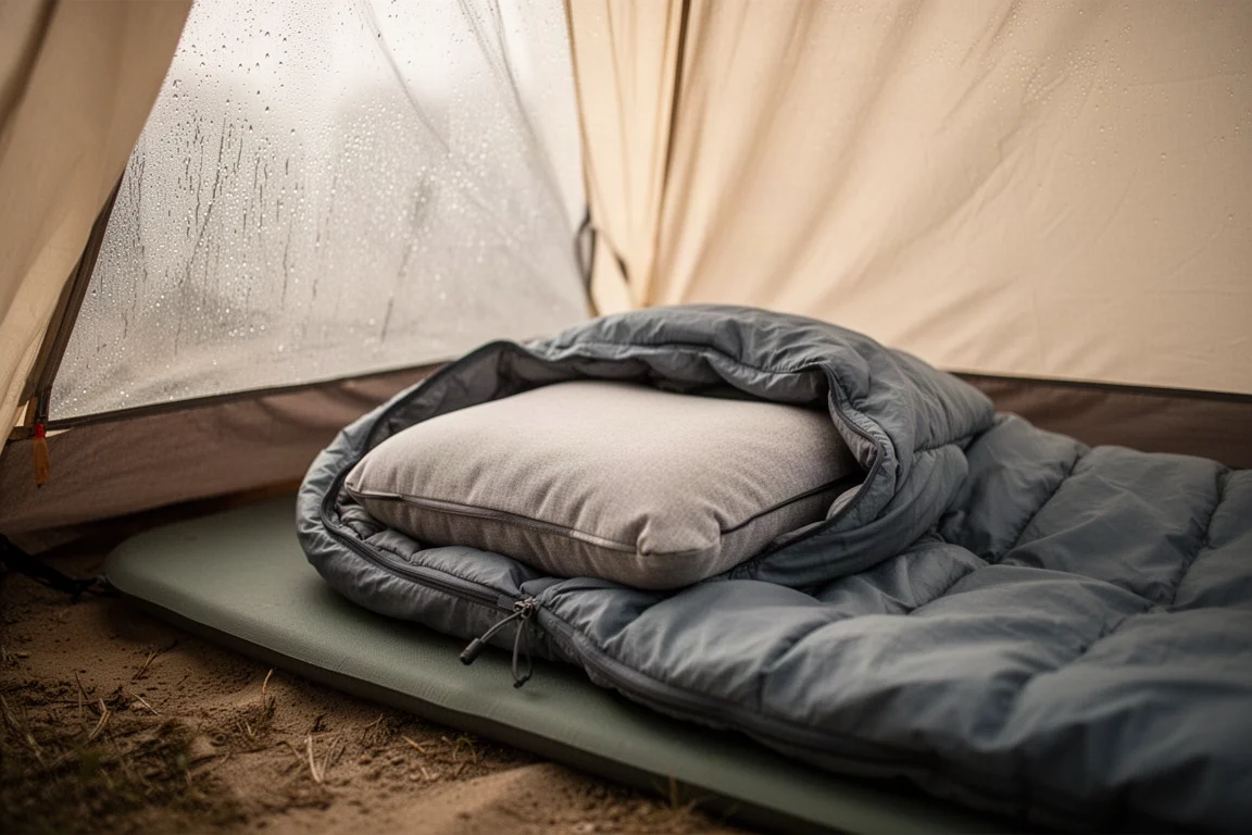 Oreiller de camping posé dans la capuche d'un quilt sur un matelas de couchage dans une tente