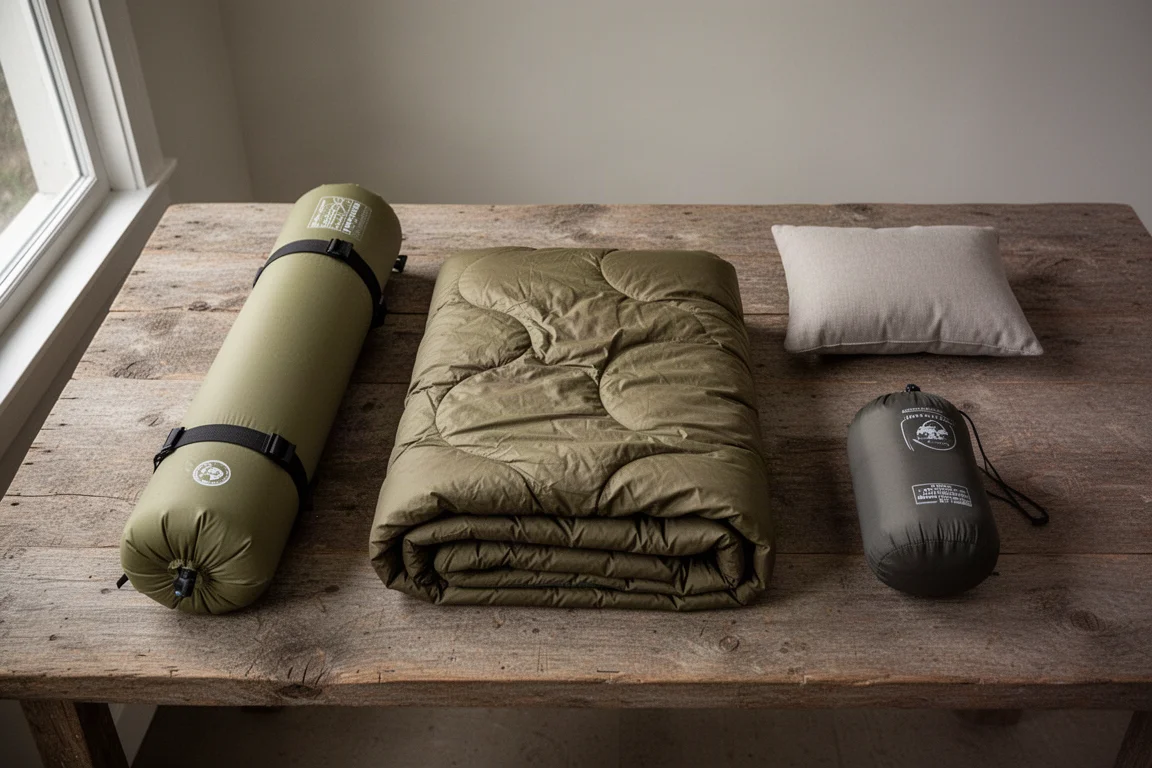 Vue à plat du matériel de couchage de bivouac incluant un matelas roulé, un quilt et un oreiller