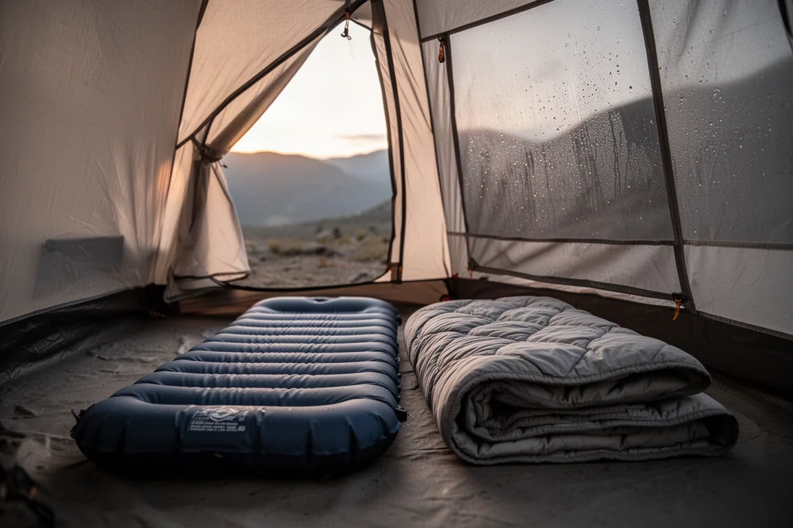 Tent interior at dusk with a sleeping pad and quilt laid out on the floor