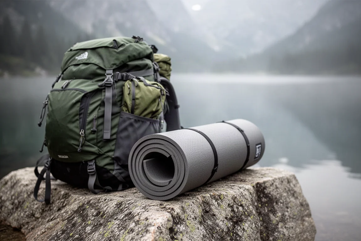 Rolled ultralight sleeping pad beside a backpack on granite above an alpine lake