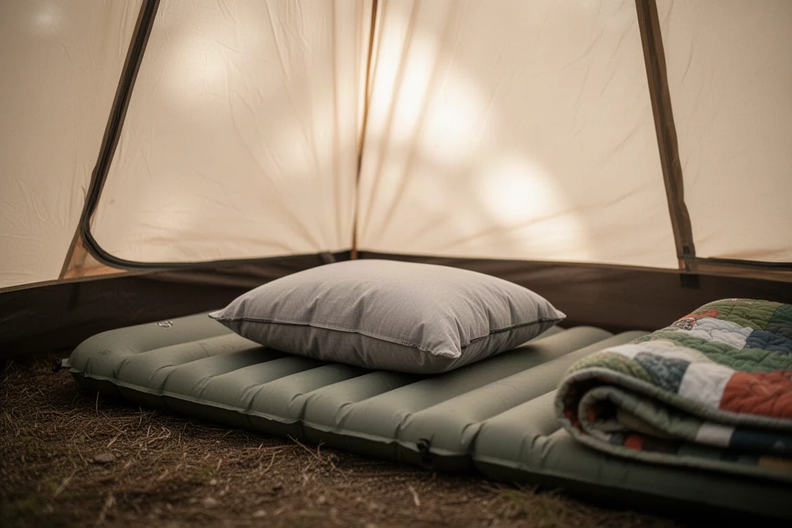 Compact camp pillow on a sleeping pad inside a tent lit by diffused daylight