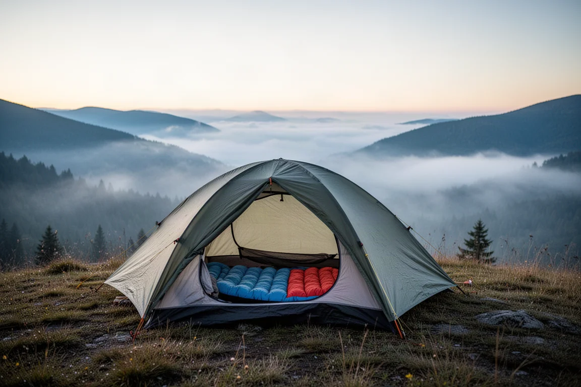 Ridge campsite at first light with a tent and sleep gear visible inside