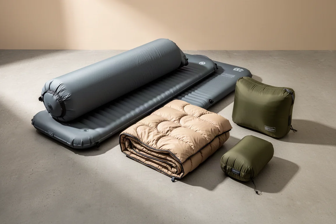 Matelas de sol d'arrière-pays, quilt plié et oreiller de camping rembourré disposés sur du béton