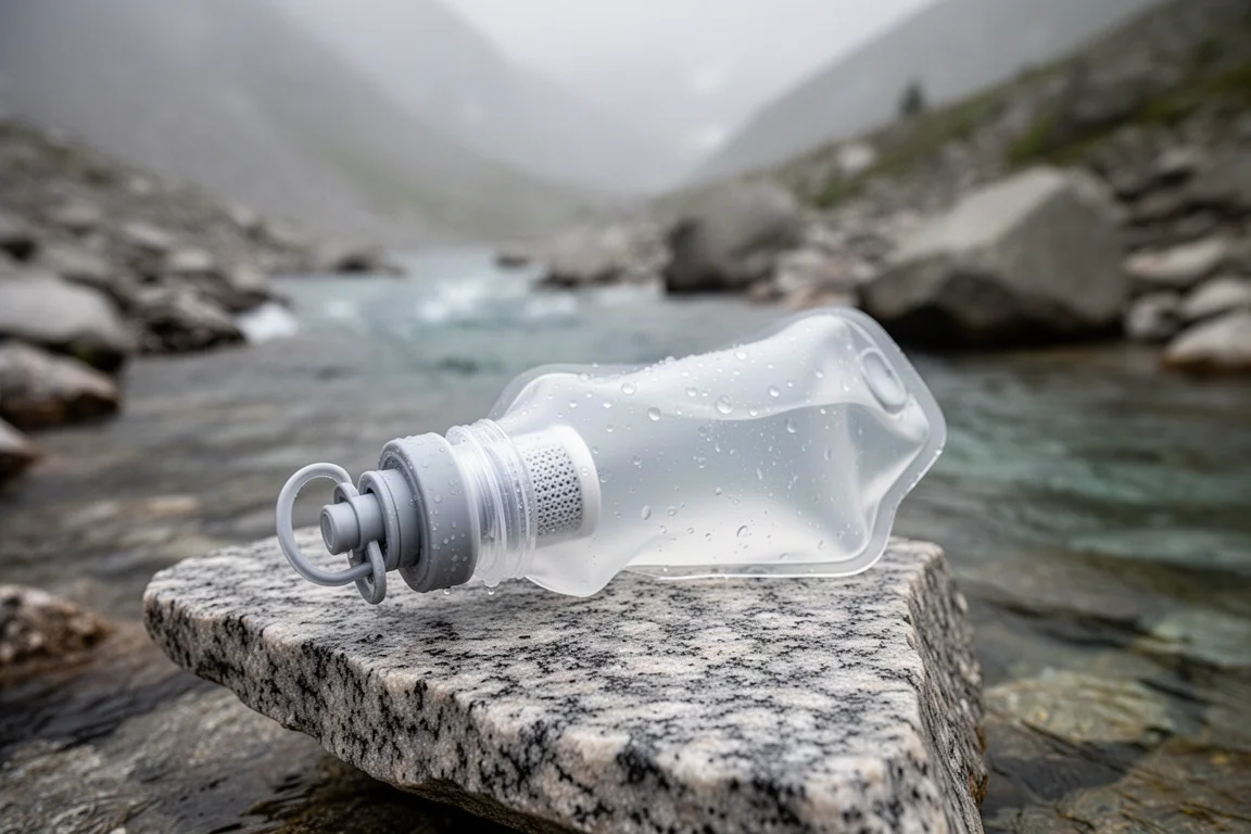 Inline-waterfilter op een heldere opvouwbare fles op graniet naast een beek