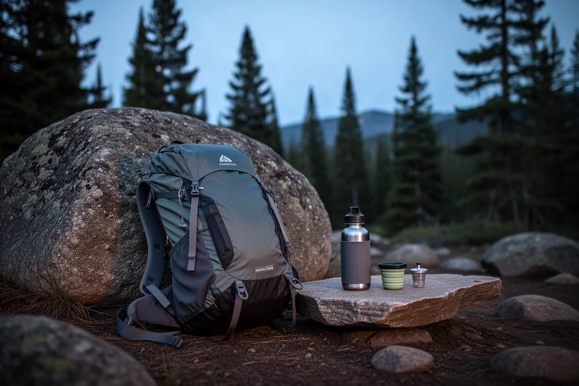 Backcountry-kampeerplaats in de schemering met rugzak, waterfles en filterkit op een rots