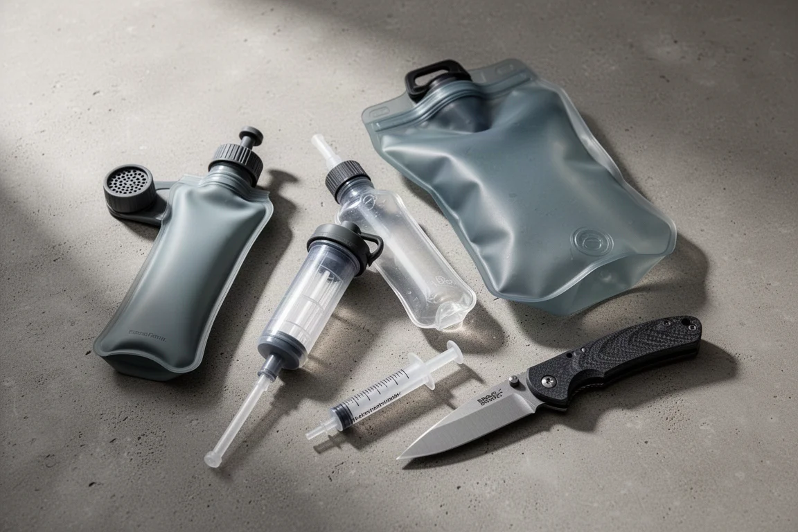 Backcountry water filters, collapsible bottles and a folding knife arranged on concrete