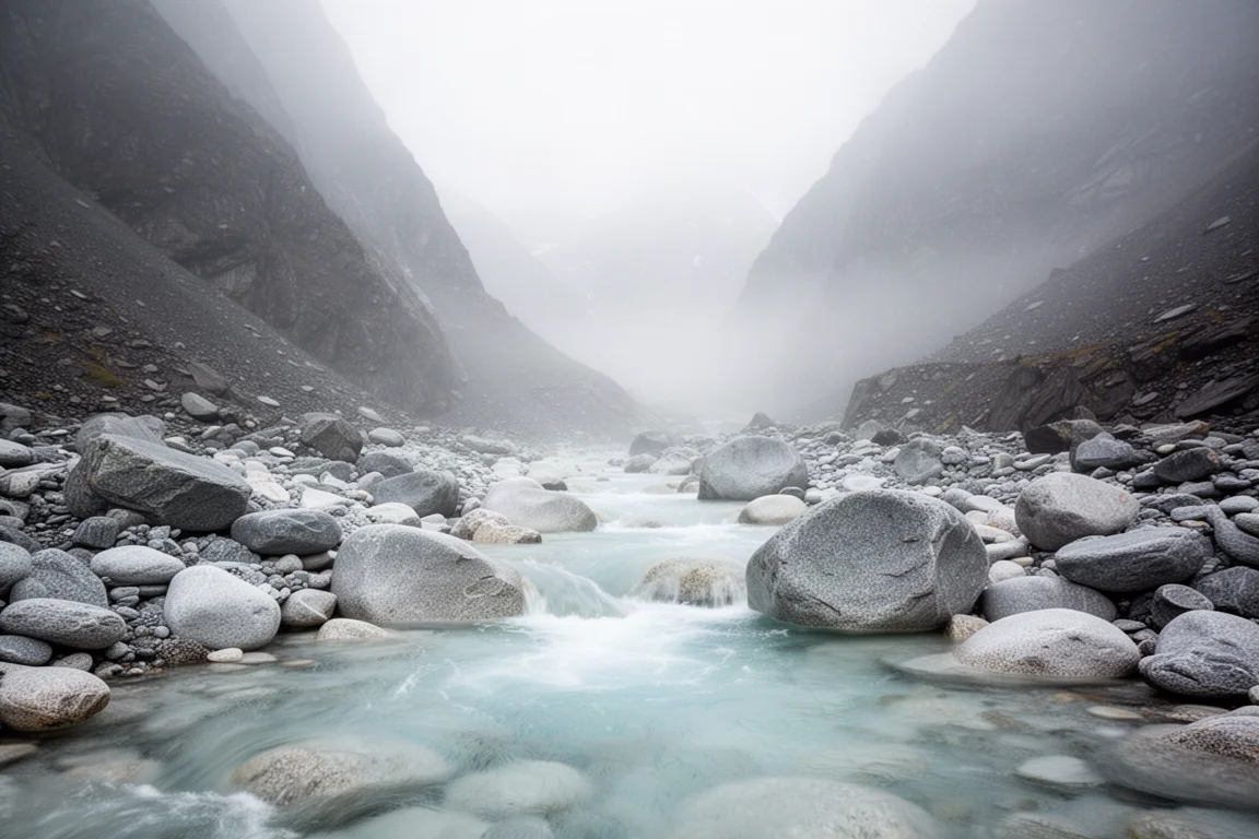 Water treatment gear resting on wet granite beside a clear alpine stream at dawn