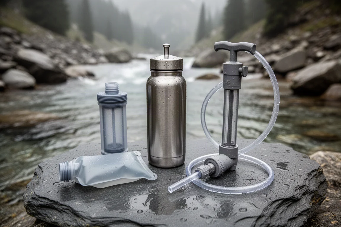 Backcountry water filters, a soft flask, and a metal purifier bottle arranged on a grey granite slab