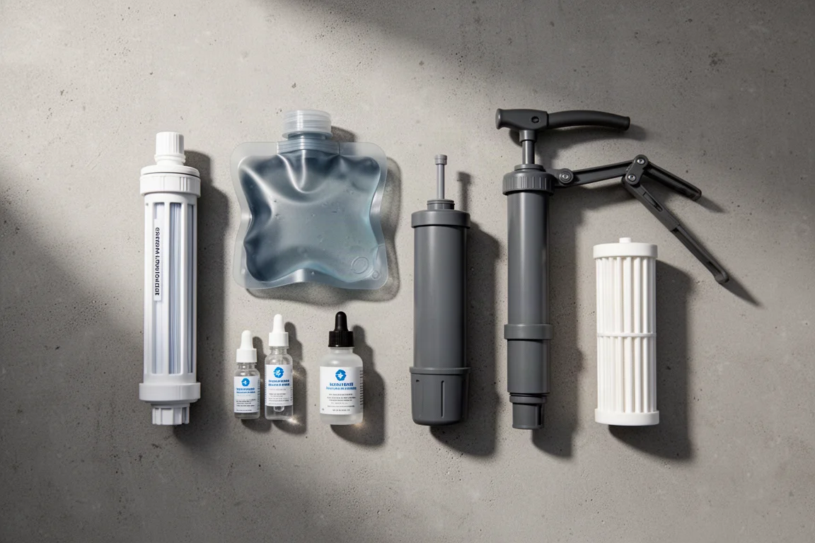 Flat-lay of backcountry water filters, treatment bottles and a pump purifier on concrete