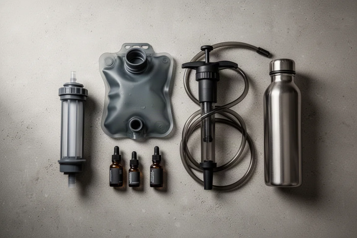 Backcountry water treatment gear arranged on a concrete surface