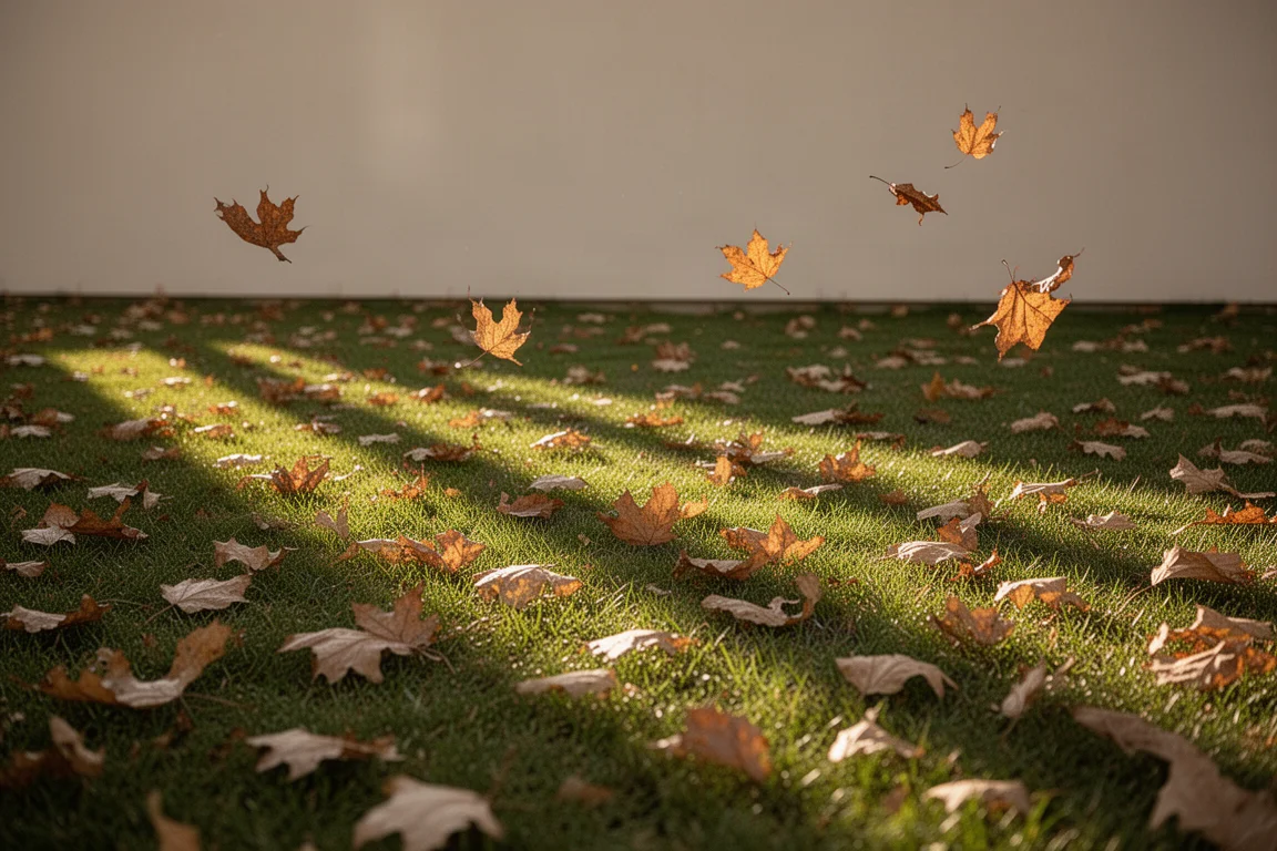 Gartenrasen, bedeckt mit verstreutem trockenem Herbstlaub bei weichem Nachmittagslicht