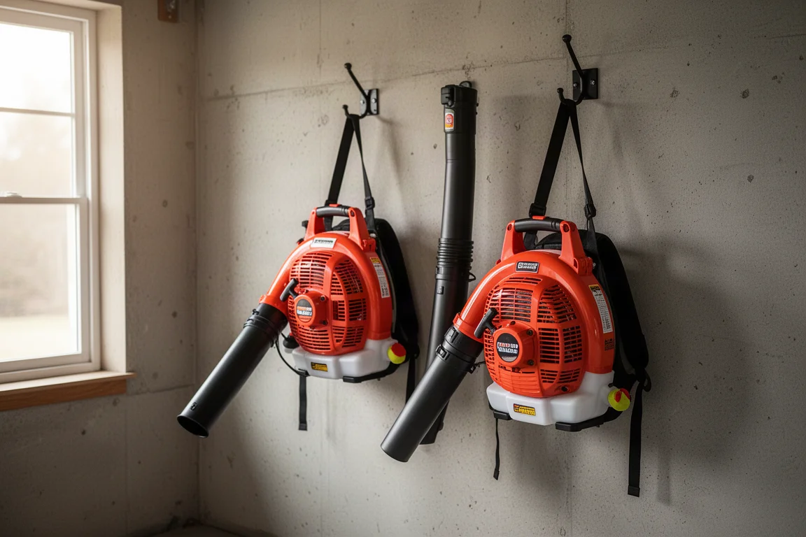 Zwei Rucksackgebläse nebeneinander hängend in einer Garage