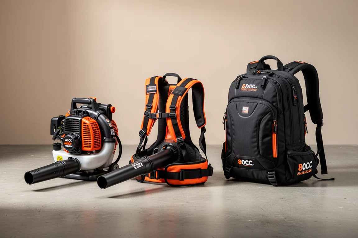 Three backpack leaf blowers of different sizes lined up on concrete