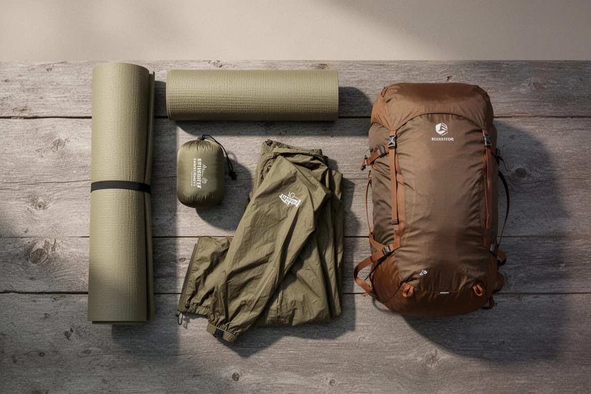 Ultralichte backpackuitrusting uitgestald op verweerd hout naast een ingepakte rugzak