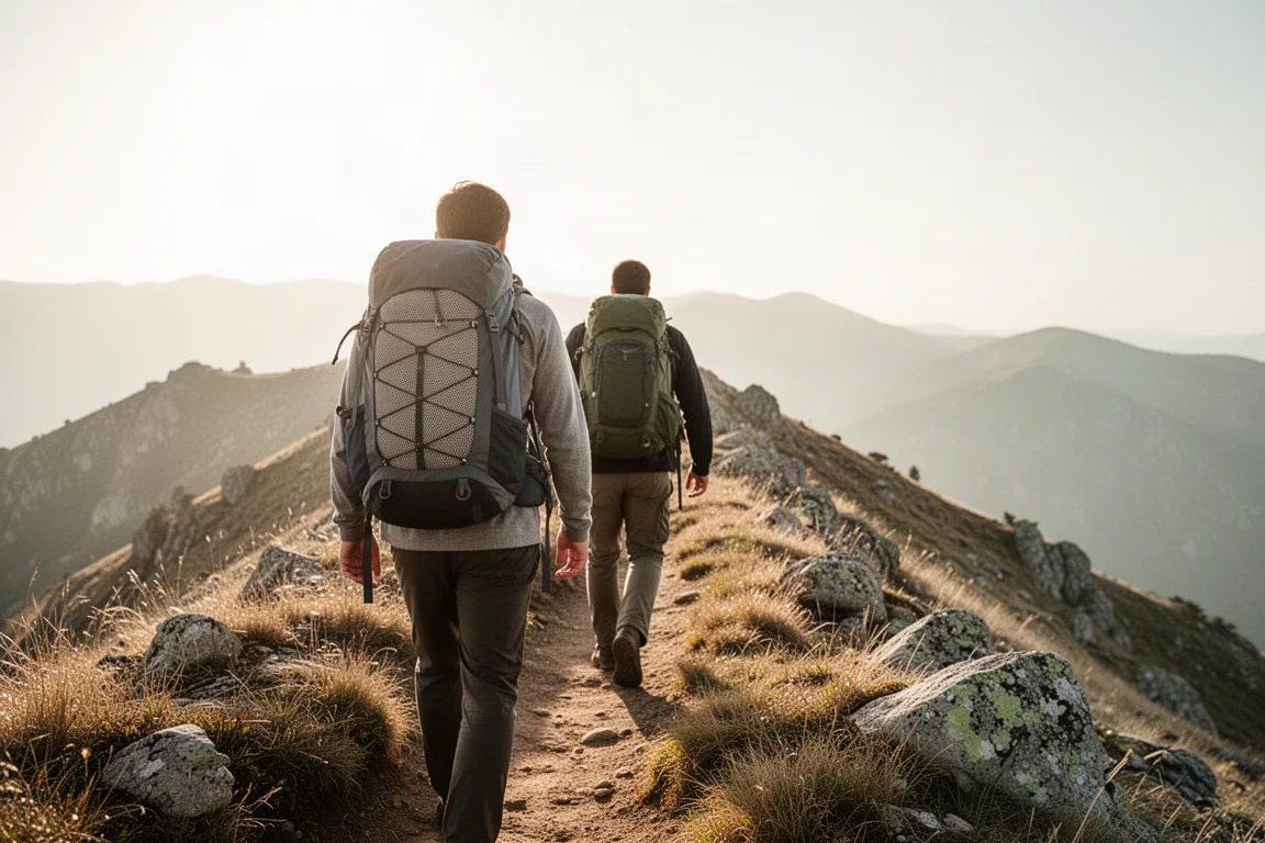 Wandelaar met een geventileerde rugzak op een onbeschut zonnig bergkammepad
