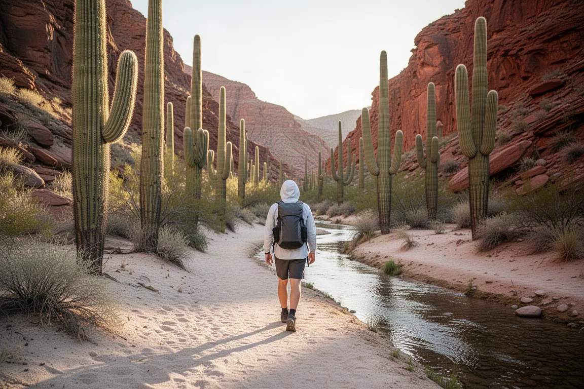 Wandelaar op een zonnig woestijnkloofpad met hoge saguarocactussen langs de route